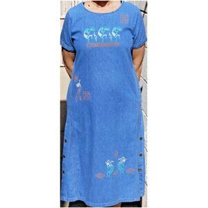 RAMA of U.S.A Casual 80’s Vintage Denim Hand Painted Maxi Dress Size Large